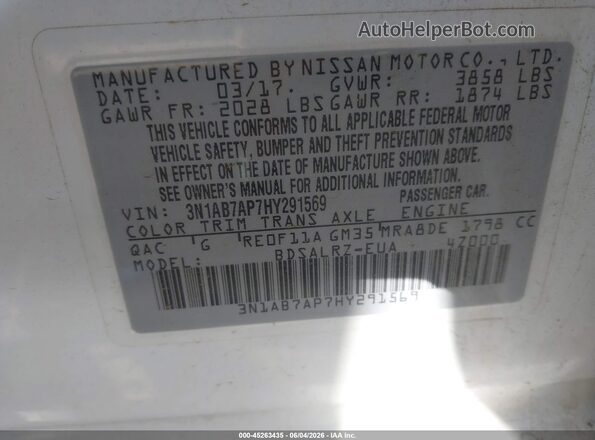 3N1AB7AP7HY291569 2017 NISSAN SENTRA White Widok komory silnika