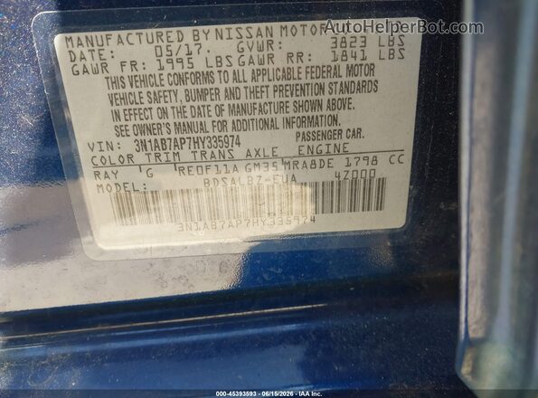 3N1AB7AP7HY335974 2017 NISSAN SENTRA Синий 