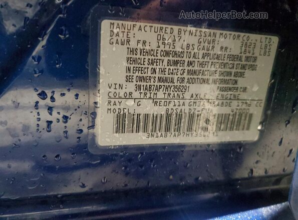 3N1AB7AP7HY356291 2017 NISSAN SENTRA Blue ძრავის განყოფილების ხედი