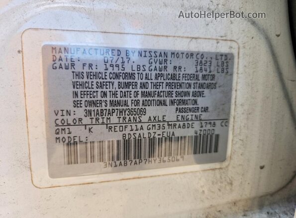 3N1AB7AP7HY365069 2017 NISSAN SENTRA White VIN კოდის სტიკერის ხედი