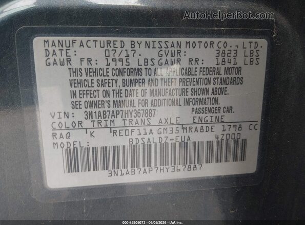 3N1AB7AP7HY367887 2017 NISSAN SENTRA Серый Вид подкапотного пространства