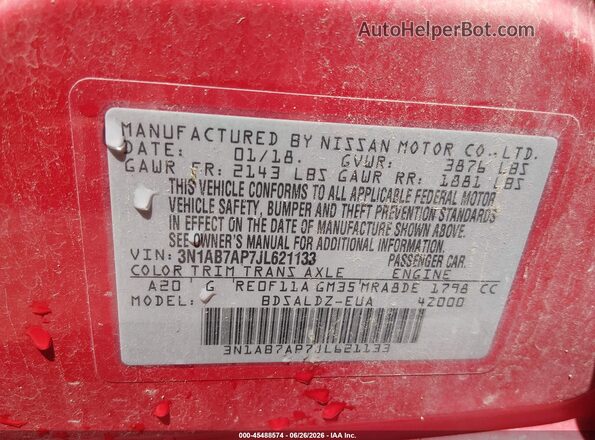 3N1AB7AP7JL621133 2018 NISSAN SENTRA Red Vista del compartimento del motor