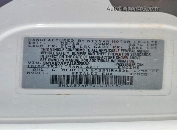 3N1AB7AP7JL635582 2018 NISSAN SENTRA Белый Вид подкапотного пространства