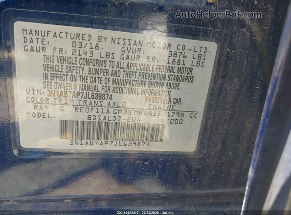 3N1AB7AP7JL639874 2018 NISSAN SENTRA Blue Вид підкапотного простору