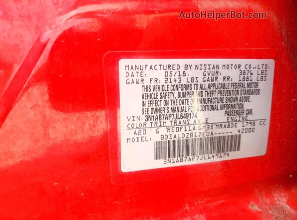 3N1AB7AP7JL649174 2018 NISSAN SENTRA Красный Вид подкапотного пространства