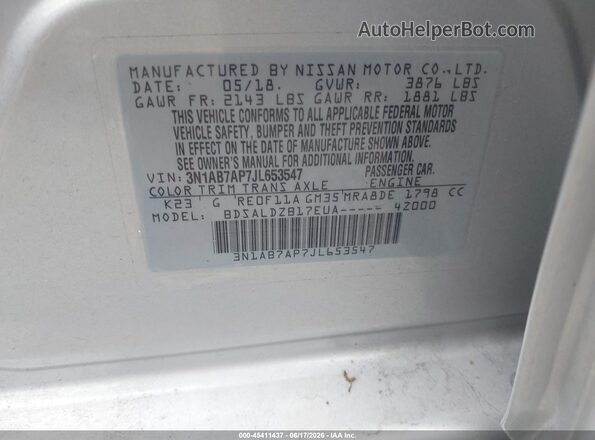 3N1AB7AP7JL653547 2018 NISSAN SENTRA Silver Engine compartment view