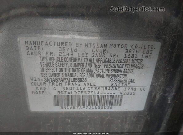 3N1AB7AP7JL655038 2018 NISSAN SENTRA Gray ძრავის განყოფილების ხედი