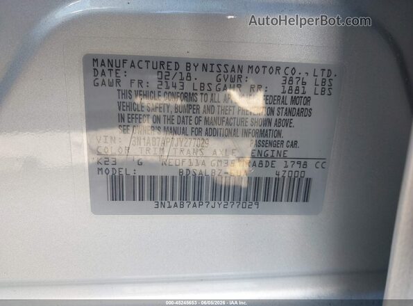 3N1AB7AP7JY277029 2018 NISSAN SENTRA Silver Engine compartment view