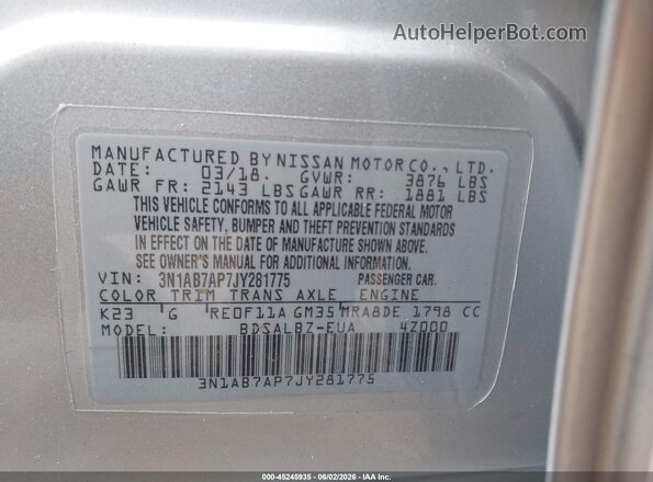 3N1AB7AP7JY281775 2018 NISSAN SENTRA Silver Вид підкапотного простору