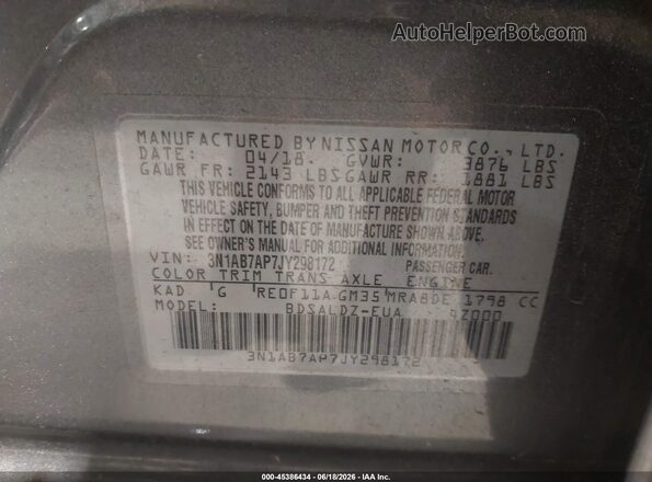 3N1AB7AP7JY298172 2018 NISSAN SENTRA Gray Widok komory silnika