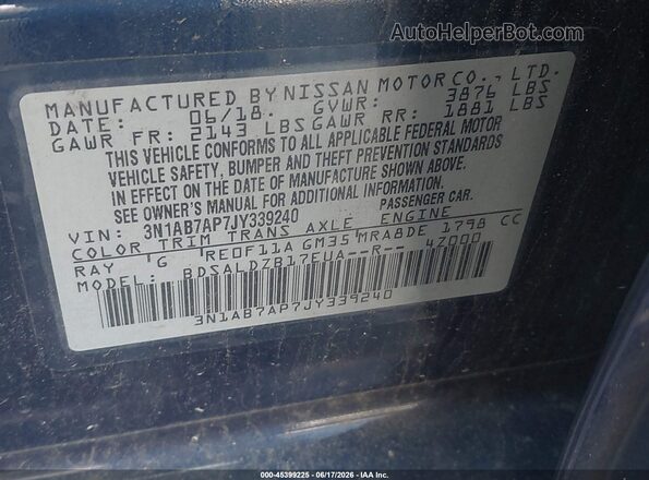 3N1AB7AP7JY339240 2018 NISSAN SENTRA Blue ძრავის განყოფილების ხედი