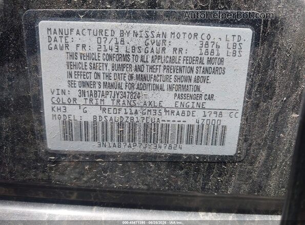 3N1AB7AP7JY347824 2018 NISSAN SENTRA Black Вид підкапотного простору