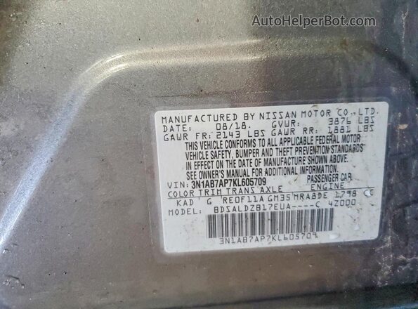3N1AB7AP7KL605709 2019 NISSAN SENTRA Gray VIN sticker view