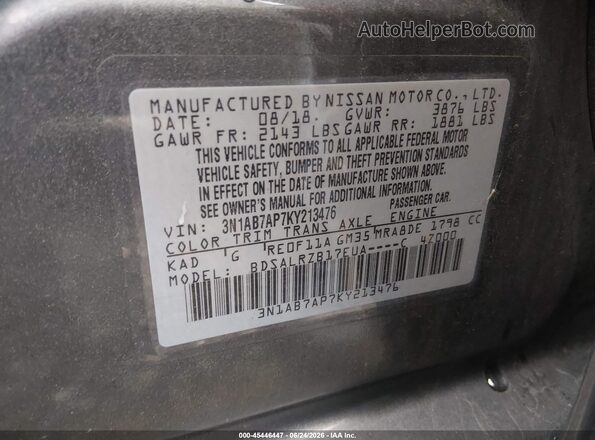 3N1AB7AP7KY213476 2019 NISSAN SENTRA Gray Engine compartment view