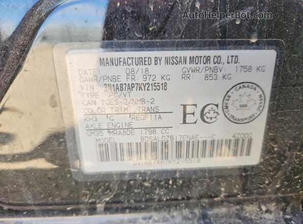 3N1AB7AP7KY215518 2019 NISSAN SENTRA Black VIN sticker view