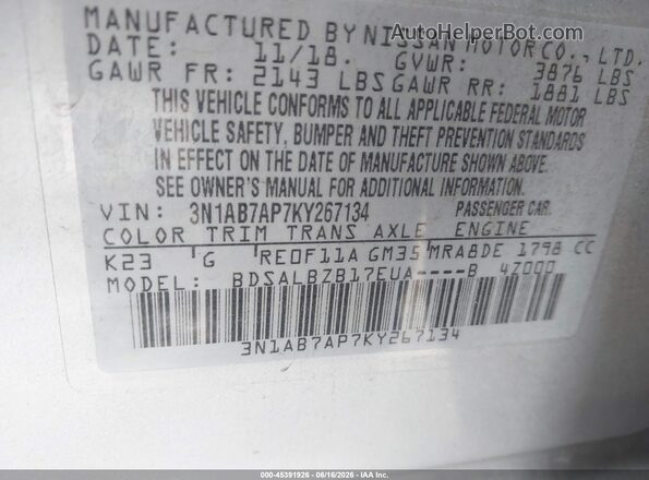 3N1AB7AP7KY267134 2019 NISSAN SENTRA Серебряный Вид подкапотного пространства