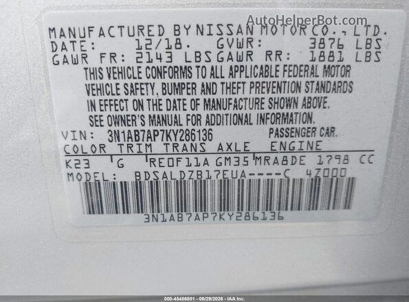 3N1AB7AP7KY286136 2019 NISSAN SENTRA Gray Widok komory silnika
