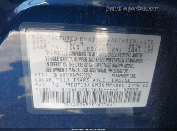 3N1AB7AP7KY299257 2019 NISSAN SENTRA Blue Widok komory silnika