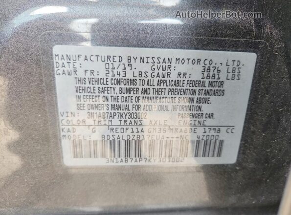 3N1AB7AP7KY303002 2019 NISSAN SENTRA Gray Vista de la etiqueta del VIN