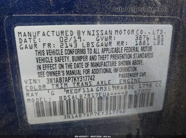 3N1AB7AP7KY317742 2019 NISSAN SENTRA Blue Вид підкапотного простору