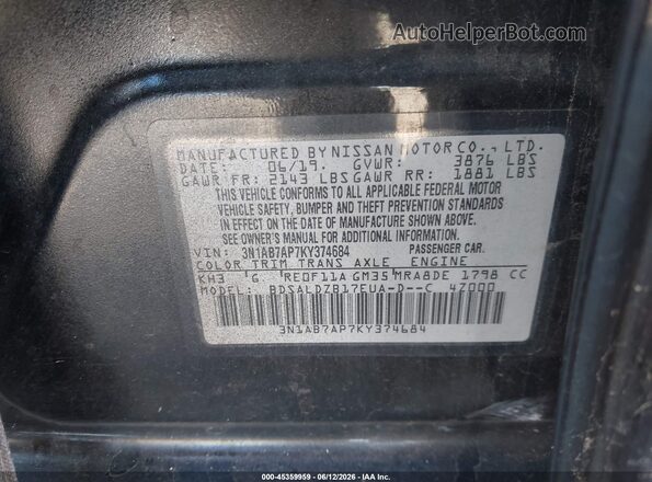 3N1AB7AP7KY374684 2019 NISSAN SENTRA Black ძრავის განყოფილების ხედი