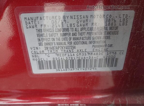 3N1AB7AP7KY407294 2019 NISSAN SENTRA Red Vista del compartimento del motor