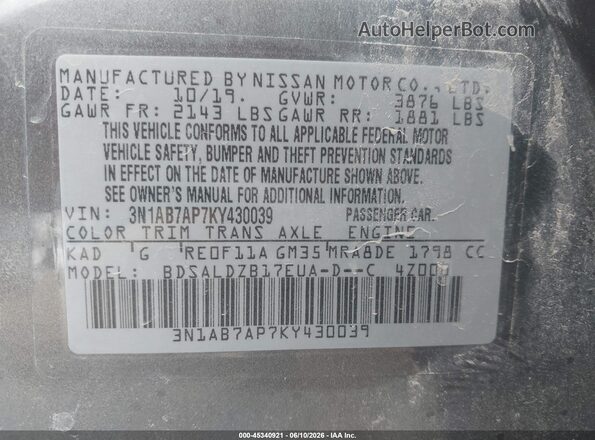 3N1AB7AP7KY430039 2019 NISSAN SENTRA Gray ძრავის განყოფილების ხედი