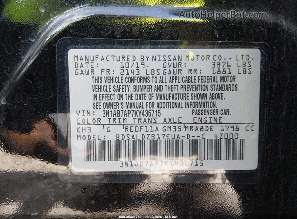 3N1AB7AP7KY436715 2019 NISSAN SENTRA Black Вид підкапотного простору