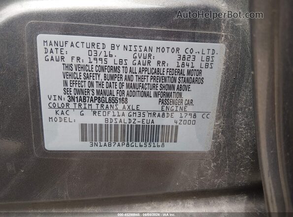 3N1AB7AP8GL655168 2016 NISSAN SENTRA Gray Вид підкапотного простору