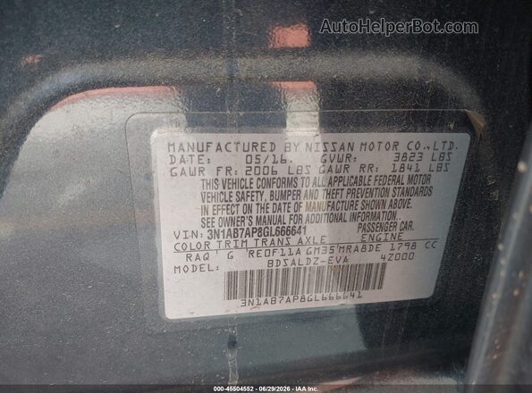 3N1AB7AP8GL666641 2016 NISSAN SENTRA Blue ძრავის განყოფილების ხედი