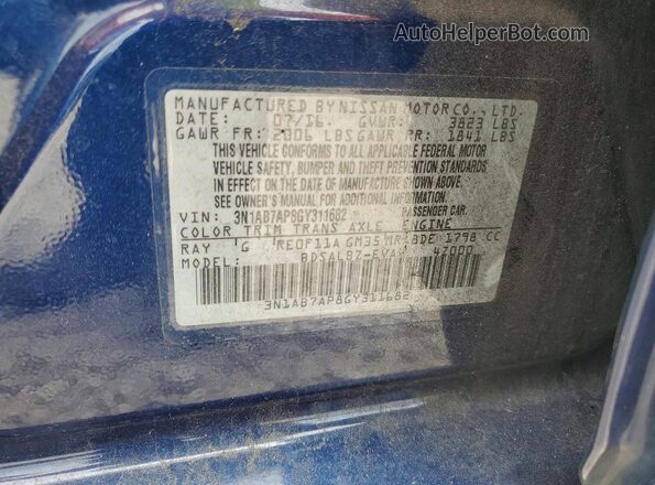 3N1AB7AP8GY311682 2016 NISSAN SENTRA Blue VIN sticker view