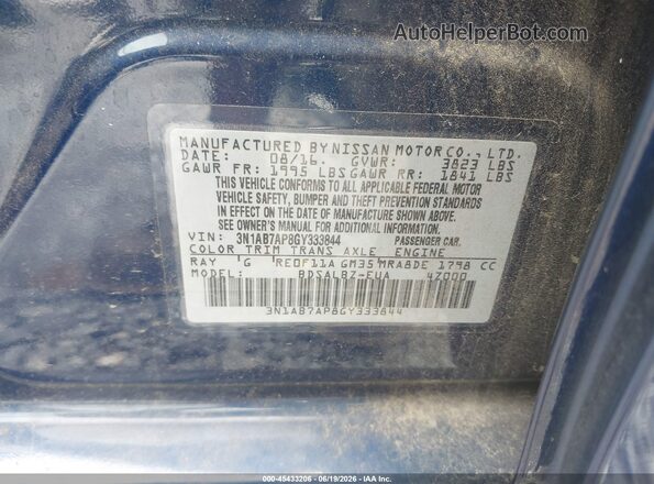 3N1AB7AP8GY333844 2016 NISSAN SENTRA Blue Engine compartment view
