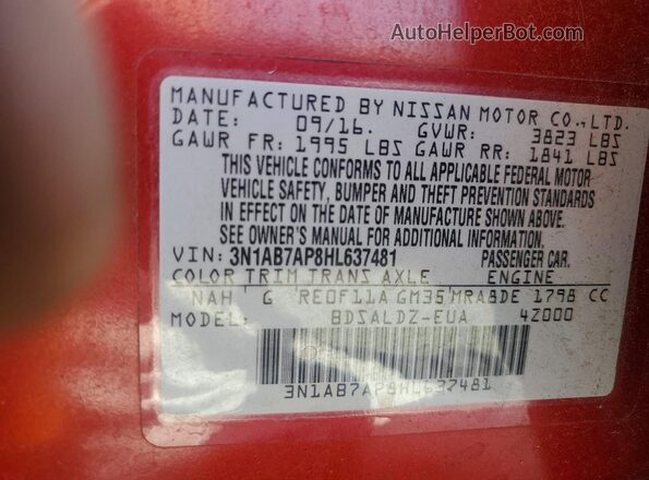 3N1AB7AP8HL637481 2017 NISSAN SENTRA Burgundy Engine compartment view