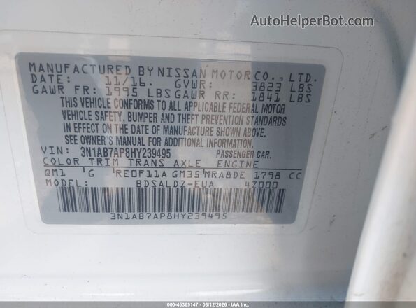 3N1AB7AP8HY239495 2017 NISSAN SENTRA Белый Вид подкапотного пространства