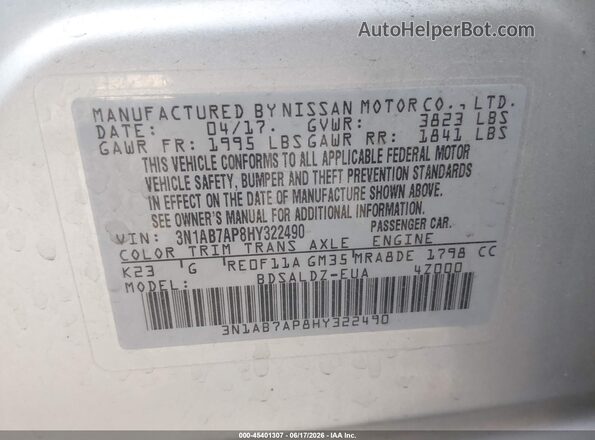 3N1AB7AP8HY322490 2017 NISSAN SENTRA Silver Engine compartment view