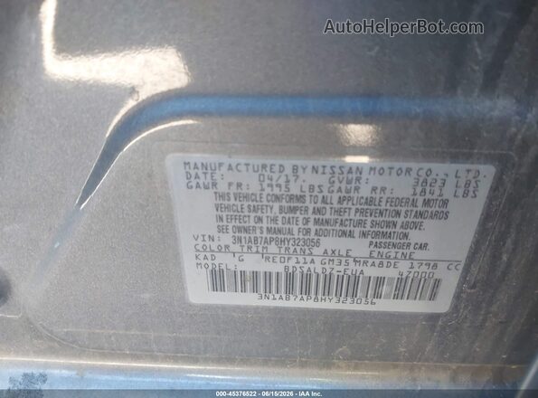 3N1AB7AP8HY323056 2017 NISSAN SENTRA Серый Вид подкапотного пространства