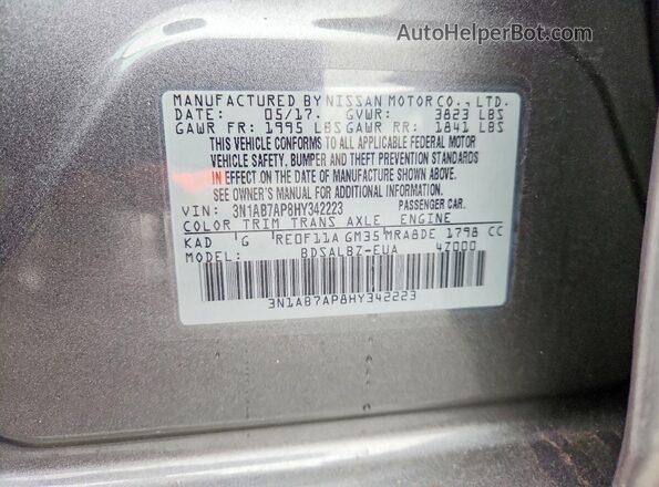 3N1AB7AP8HY342223 2017 NISSAN SENTRA Charcoal Vista del compartimento del motor