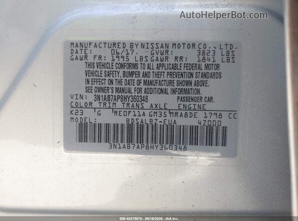 3N1AB7AP8HY360348 2017 NISSAN SENTRA Серебряный Вид подкапотного пространства