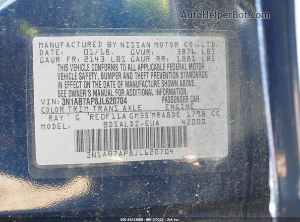 3N1AB7AP8JL620704 2018 NISSAN SENTRA Dark Blue ძრავის განყოფილების ხედი