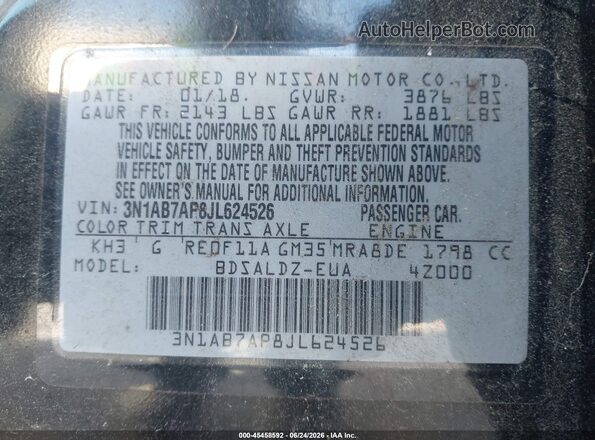 3N1AB7AP8JL624526 2018 NISSAN SENTRA Black Շարժիչի բաժամունքի տեսք