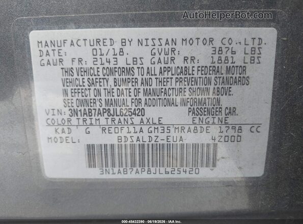 3N1AB7AP8JL625420 2018 NISSAN SENTRA Серый Вид подкапотного пространства