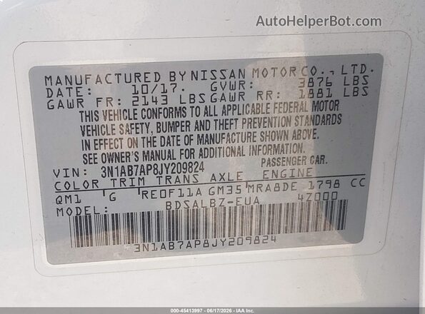 3N1AB7AP8JY209824 2018 NISSAN SENTRA White Widok komory silnika