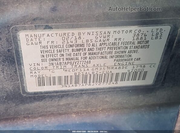 3N1AB7AP8JY277248 2018 NISSAN SENTRA Blue Շարժիչի բաժամունքի տեսք