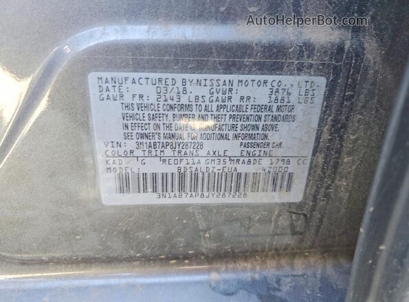 3N1AB7AP8JY287228 2018 NISSAN SENTRA Gray Շարժիչի բաժամունքի տեսք