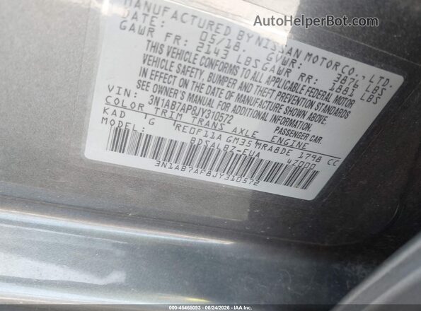 3N1AB7AP8JY310572 2018 NISSAN SENTRA Серый Вид подкапотного пространства