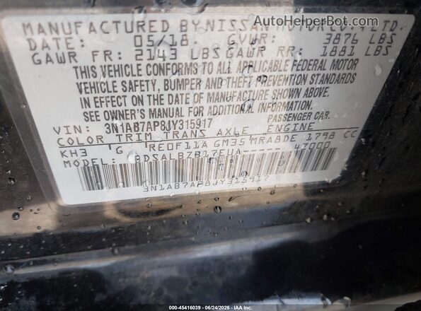 3N1AB7AP8JY315917 2018 NISSAN SENTRA Black Widok komory silnika