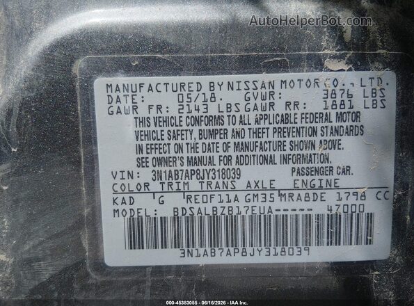 3N1AB7AP8JY318039 2018 NISSAN SENTRA Gray Widok komory silnika