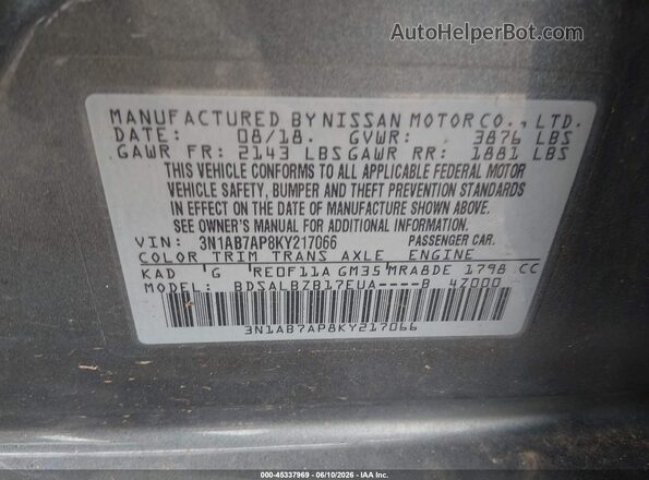 3N1AB7AP8KY217066 2019 NISSAN SENTRA Gray ძრავის განყოფილების ხედი