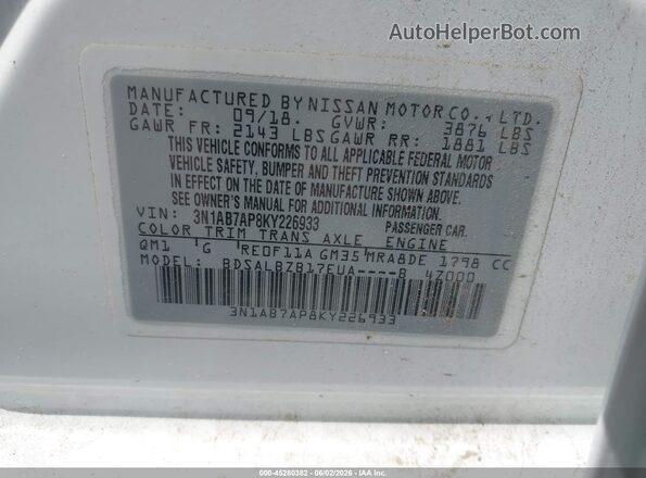 3N1AB7AP8KY226933 2019 NISSAN SENTRA White Vista del compartimento del motor