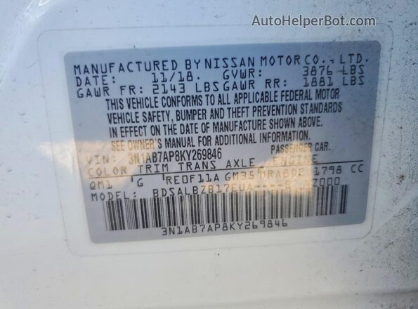 3N1AB7AP8KY269846 2019 NISSAN SENTRA White Շարժիչի բաժամունքի տեսք